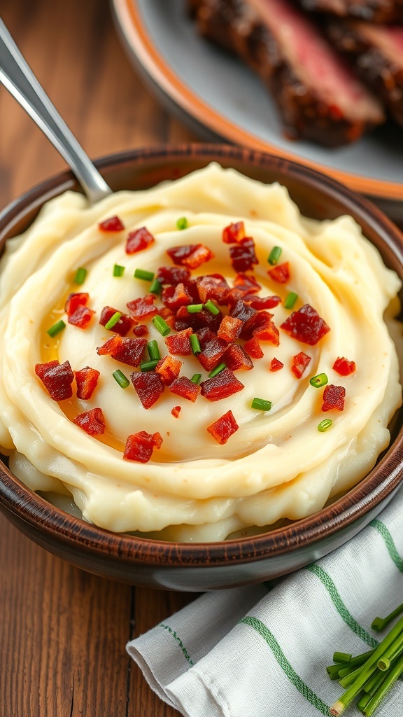 Creamy carnivore mashed potatoes topped with chives and bacon bits, served with steak on a rustic table.